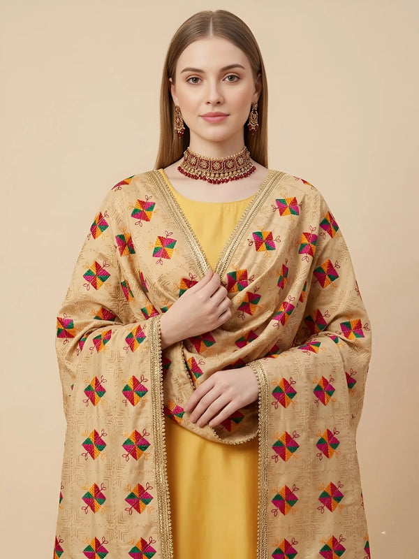 Luxe Chinon Women Phulkari Beige Dupatta with Lace Border & Traditional Motif Work