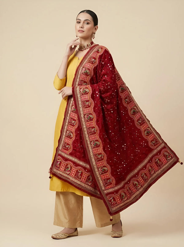 Luxe Chinon Kutch & Phulkari Heritage Art Mirror Work Embroidered Maroon Dupatta with Ornate Border