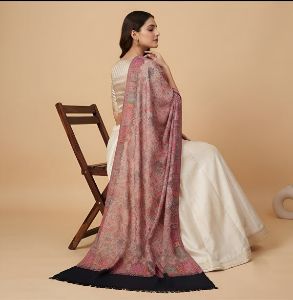 Naqsh-e-Kashmir Woven Kani Jacquard Floral Shawl with Traditional Black Border & Panel