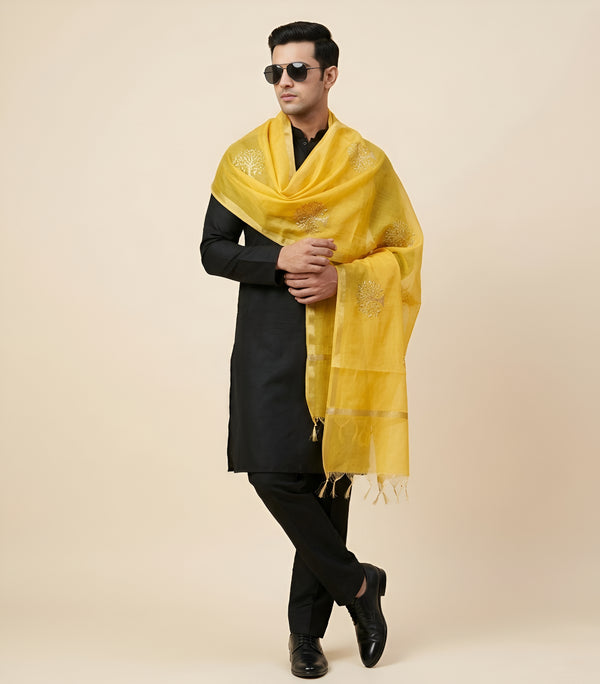 Organza Zari Buta Mens Dupatta – Yellow Tone with Gold Woven Design