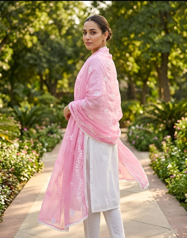 Pink Nazneen Chiffon Embroidered Dupatta with Floral Work
