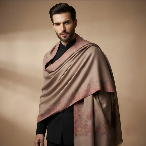 Mir-e-Khas Men's Kashmir-Inspired Kani Paisley & Geometric Border Wool Blend Brown Shawl