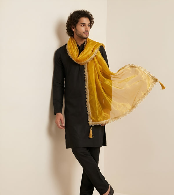 Fendi Mens Dupatta – Gold Tone with Lace Border & Latkan Finish