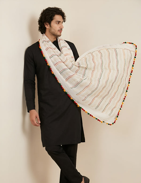 White Nazneen Chiffon Mens Dupatta with Multicolor Stripes & Pom Pom