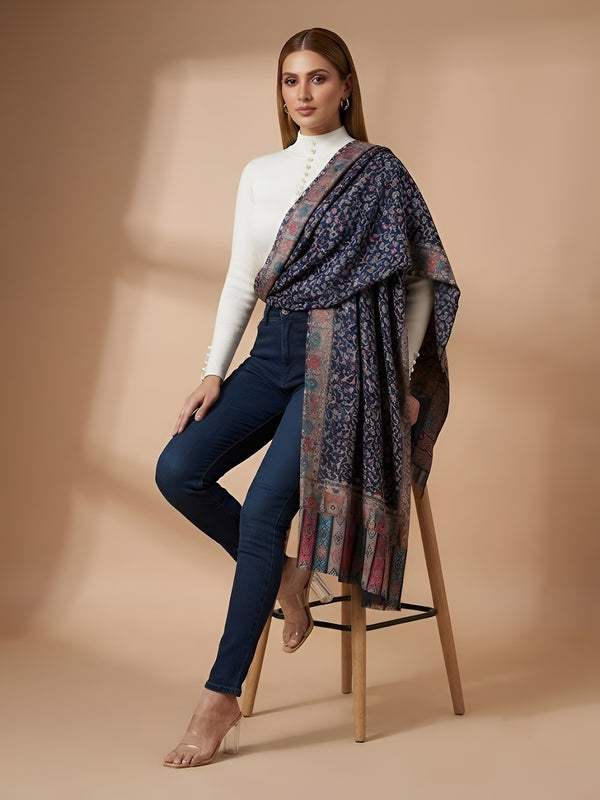 Everday Bamboo Silk Floral Kalamkari Printed Blue Stole