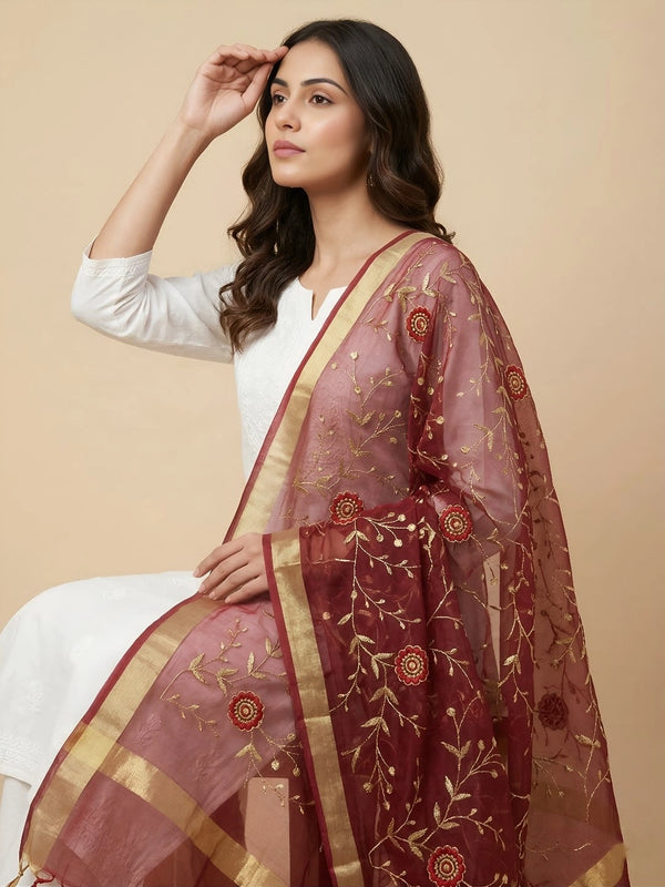 Maroon Organza Meena Jaal Dupatta | Elegant Sheer Festive Drape
