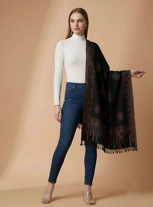 Regal Kani Woven Paisley Border Wool Blend Black Stole | Kashmiri Inspired