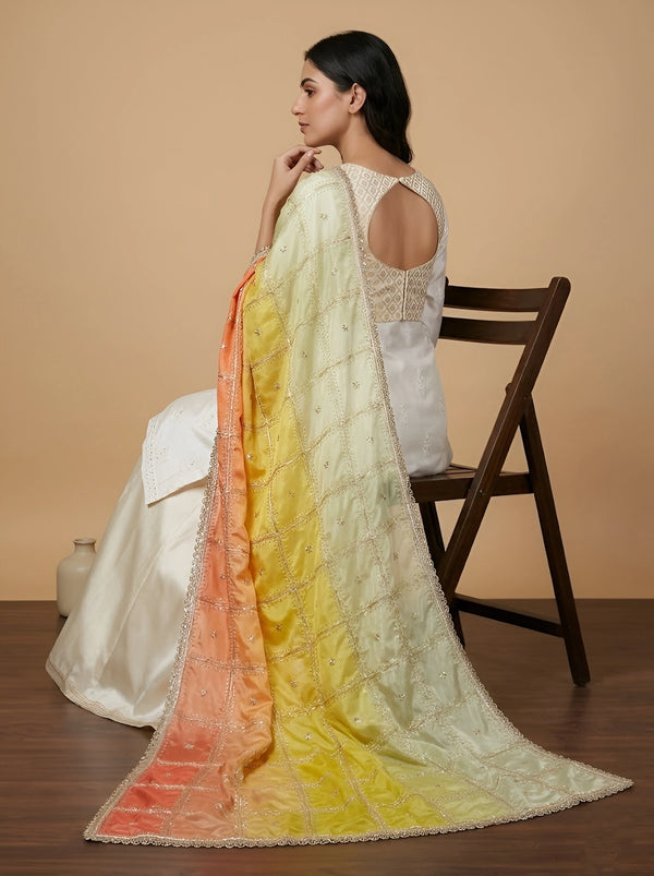 Luxe Chinon Womens Yellow Dupatta – Embellished Grid Work with Lace Border