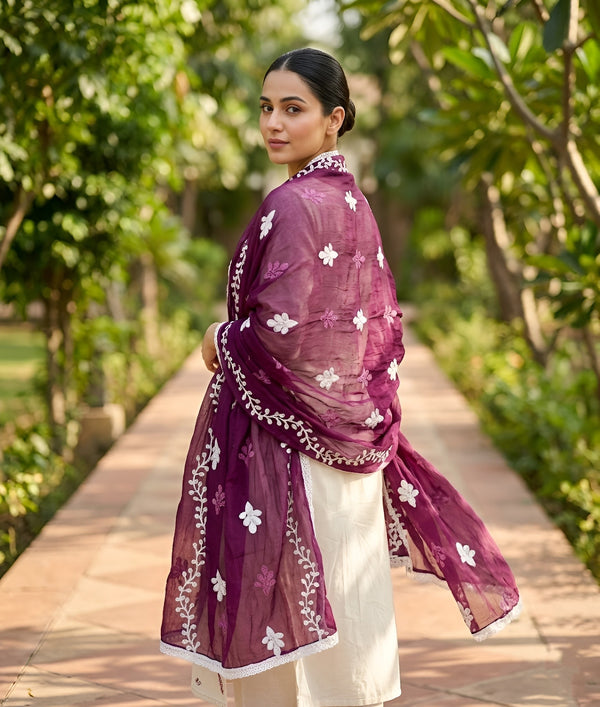 Wine Nazneen Chiffon Embroidered Dupatta with Floral Work
