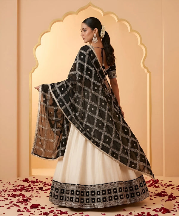 Black Chinon Dupatta with Gold Grid Embellishment (Size: 2.5x1 m Approx)