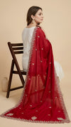 Luxe Vichitra Women Red Dupatta with 4 Side Scalloped Embroidered Border & Buti Embellishment