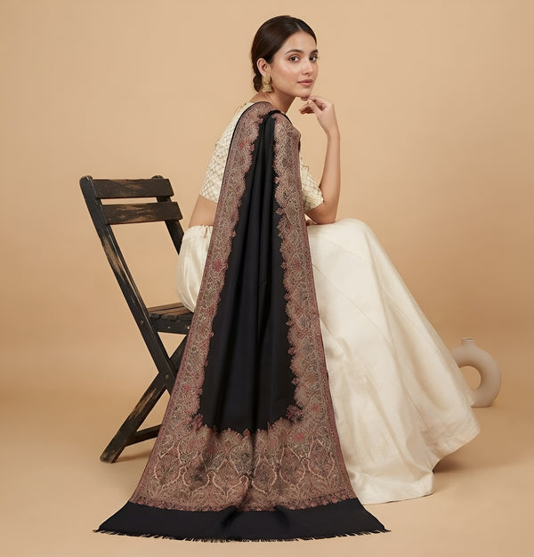 Naqsh-e-Kashmir Woven Kani Jacquard Border Black Shawl | Wool Blend