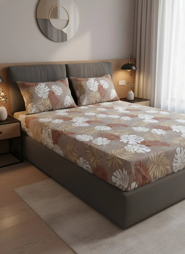Queen Size 210 TC Elastic Fitted Cotton Bedsheet Set with 2 Pillow Covers (72 × 78 Inches)