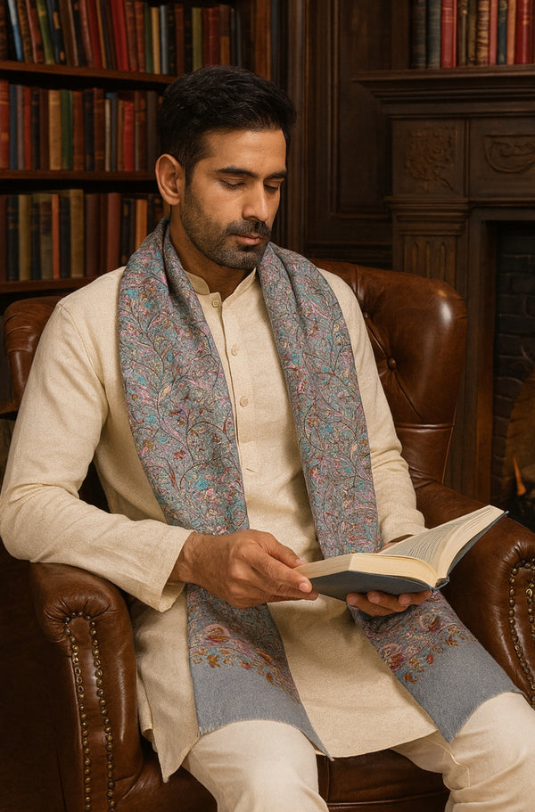 Bamboo Silk Grey Kashmiri Mens Stole with Classic Paisley Weave | Elegant Ethnic Accessory | 80×28 Inches