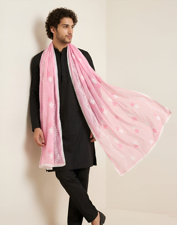 Pink Nazneen Chiffon Mens Dupatta with Floral Embroidery & Border
