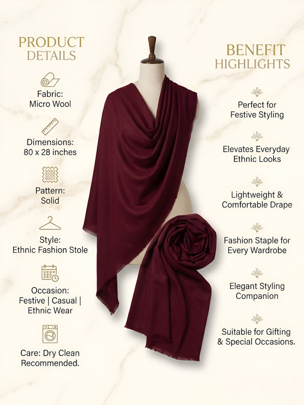 Everyday Micro Wool Solid Maroon Stole | Soft & Lightweight Wrap