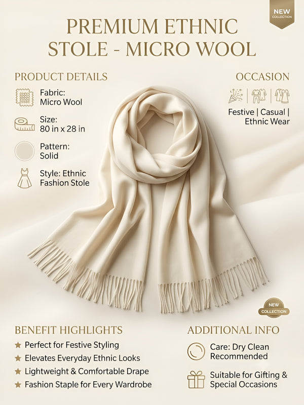 Everyday Micro Wool Solid White Stole | Soft & Lightweight Wrap