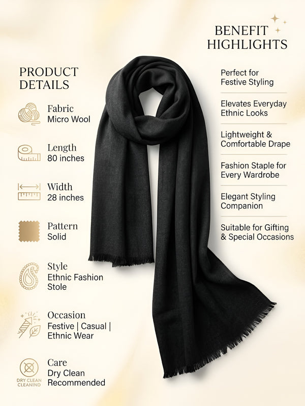 Everyday Micro Wool Solid Black Stole | Soft & Lightweight Wrap