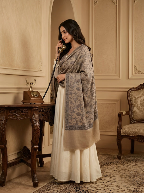 Naqsh-e-Kashmir Inspired Jamawar Floral Paisley Vine Wool Blend Beige Shawl