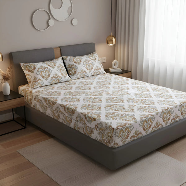 Queen Size 210 TC Elastic Fitted Cotton Bedsheet Set with 2 Pillow Covers (72 × 78 Inches)