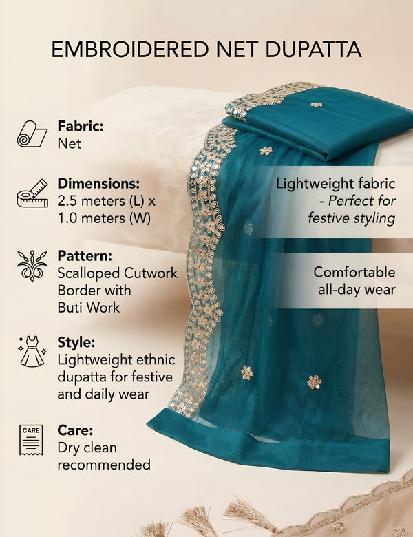 Teal Twill Net Mens Dupatta – Scalloped Cutwork Border with Buti Work