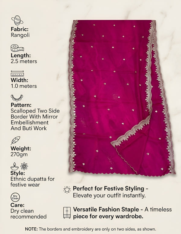Luxe Fendi Women Pink Dupatta with 2 Side Scalloped Border, Mirror Detailing & Buti Embellishment
