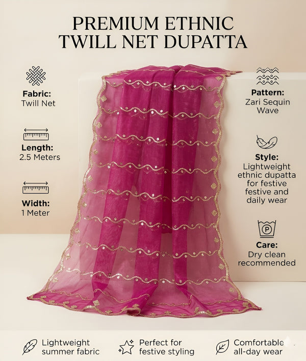 Net Pink Dupatta with Twill Zari Sequin Wave Work