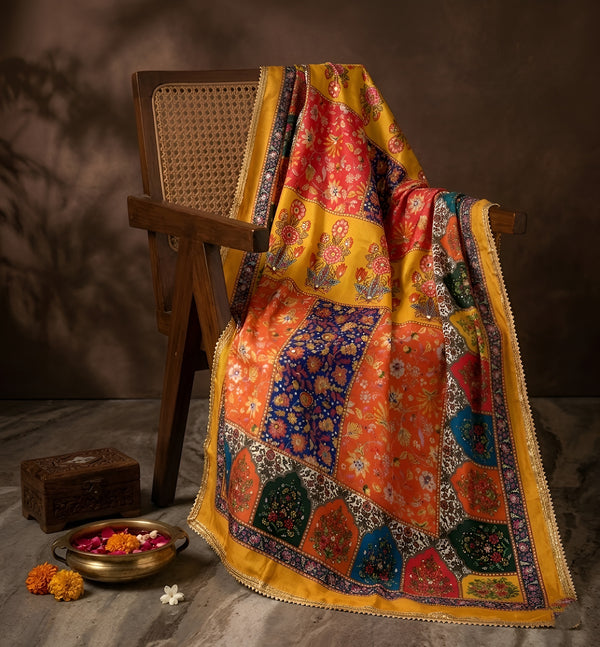 Chinon Floral Mirror Work Women Multicolor Dupatta with Designer Printed Panels & Lace Border