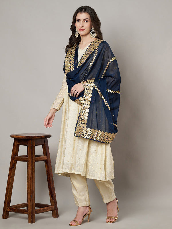 Blue Chinon Dupatta with Gota Patti Border & Sequin Detailing (Size: 2.5x1 m Approx)