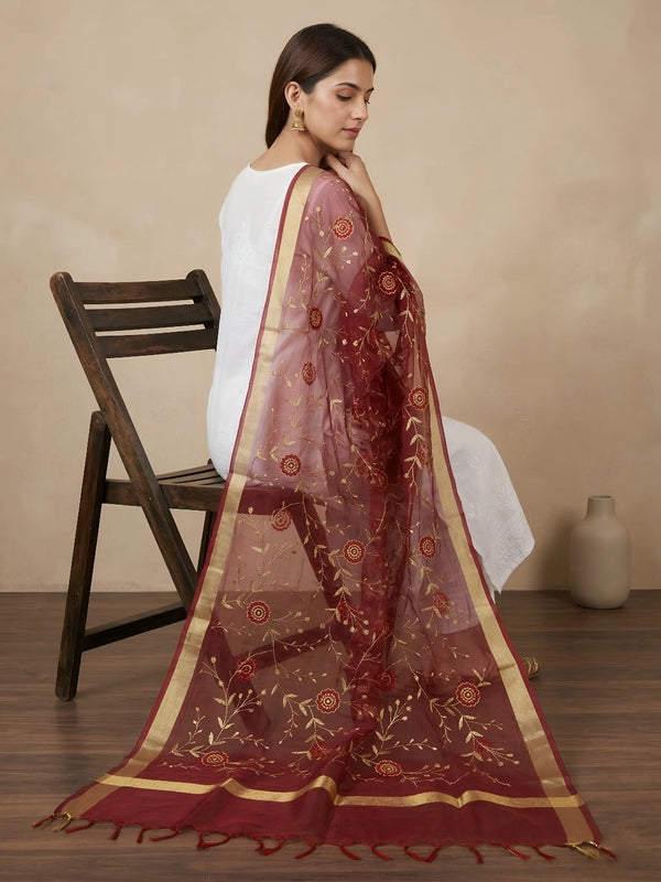 Maroon Organza Meena Jaal Dupatta | Elegant Sheer Festive Drape