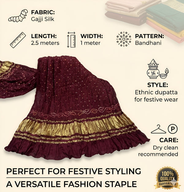 Luxurious Gajji Silk Maroon Dupatta with Bandhani Dots & Zari Border