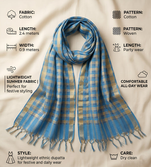 Blue Cotton Dupatta with Golden Stripe Weave & Tassel Border
