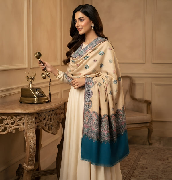 Naqsh-e-Kashmir Woven Kani Jacquard Blue Shawl with All-Over Buttis & Solid Panel