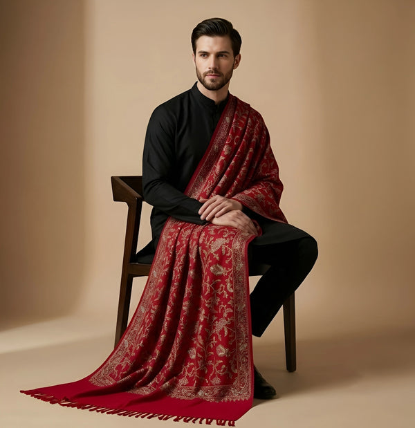 Mir-e-Khas Men's Kashmir-Inspired Jamawar Floral Paisley Vine Red Shawl