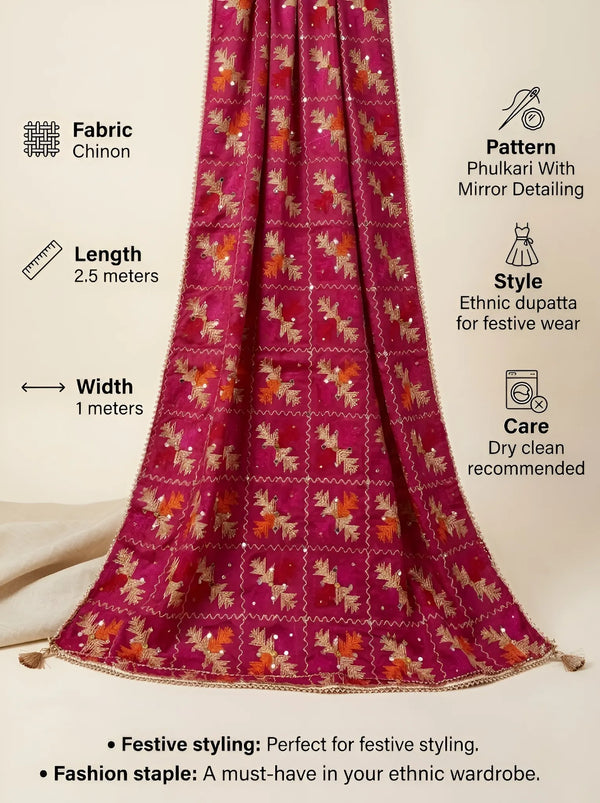 Luxe Phulkari Chinon Mirror Work Embroidered Dupatta with Elegant Lace Border