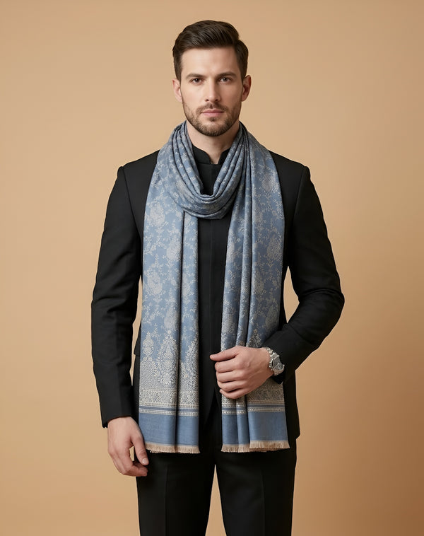 Timeless Mens Wool Blend All-Over Zari Jacquard Floral Trellis Blue Stole