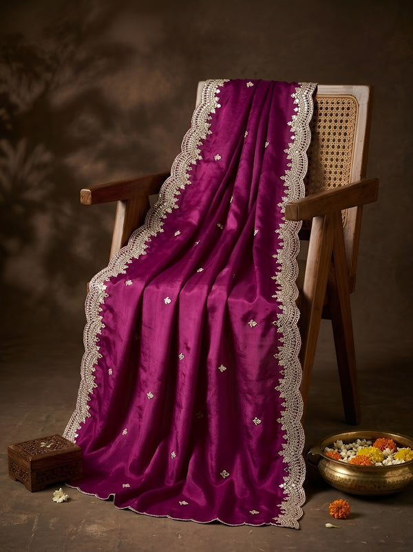 Luxe Fendi Women Purple Dupatta with 2 Side Scalloped Border, Mirror Detailing & Buti Embellishment