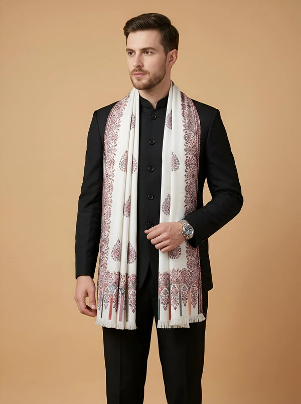 Noble Kani Woven Paisley Border Wool Blend White Stole