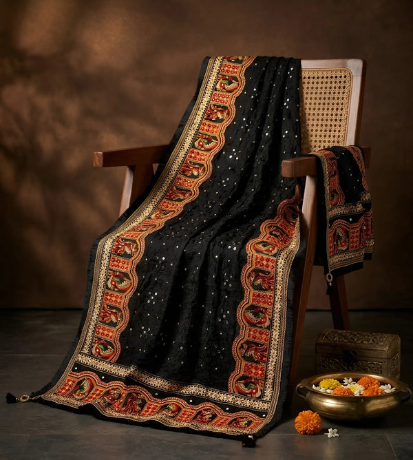 Luxe Chinon Kutch & Phulkari Heritage Art Mirror Work Embroidered Black Dupatta with Ornate Border