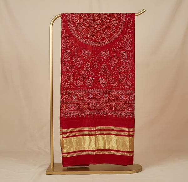 Bamboo Silk Bandhani Inspired Gajji Women Maroon Dupatta with Elephant & Floral Motifs and Golden Tape Border