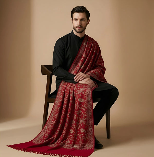 Mir-e-Khas Men's Kashmir-Inspired Jamawar Floral Paisley Vine Maroon Shawl