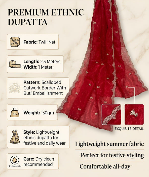 Designer Twill Net Women Red Dupatta with 2 Side Scalloped Border & Buti Embellishment