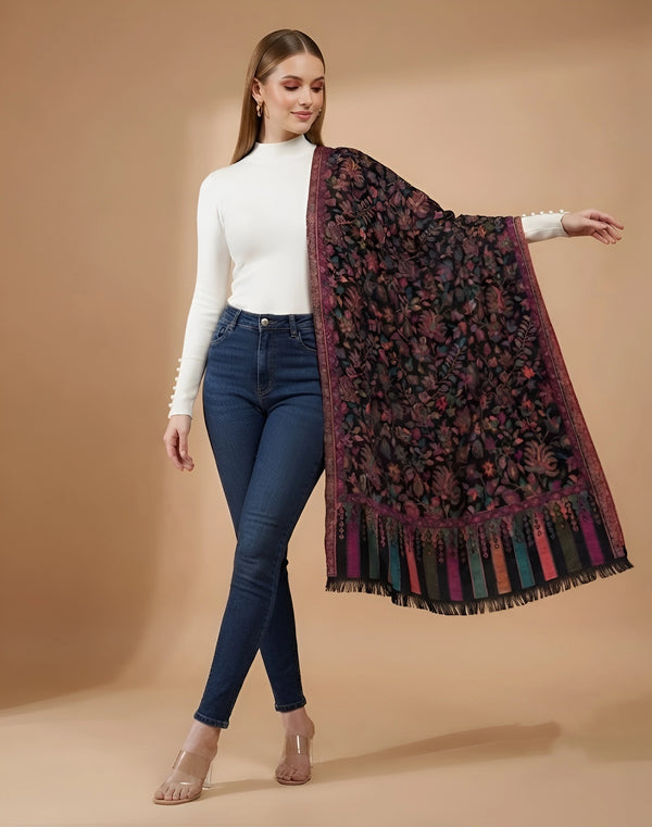 Regal Kani Weave All-Over Floral Jaal Wool Blend Black Stole | Kashmiri Inspired