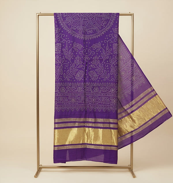 Bamboo Silk Bandhani Inspired Gajji Women Purple Dupatta with Elephant & Floral Motifs and Golden Tape Border