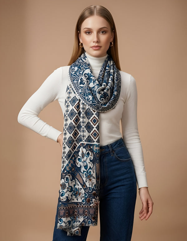 Signature Bamboo Silk Printed Stole | Heritage Floral & Geometric Ethnic Print