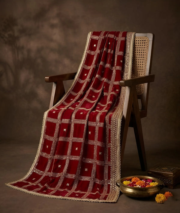 Maroon Chinon Dupatta with Gold Grid Embellishment (Size: 2.5x1 m Approx)