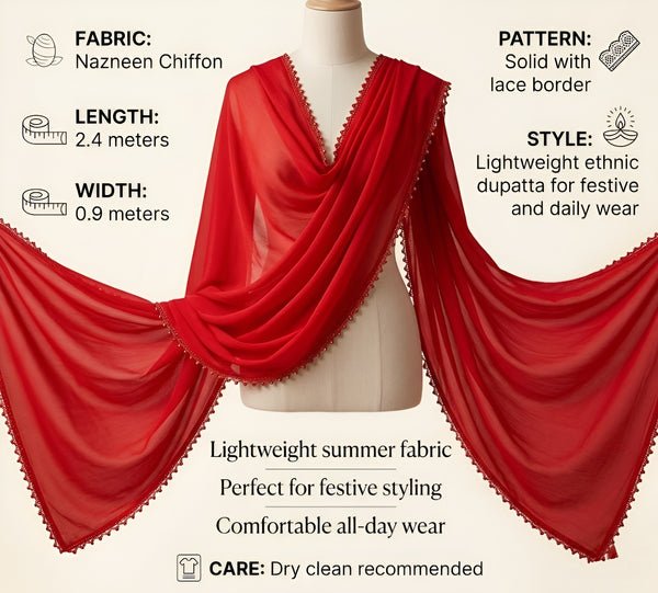 Red Nazneen Chiffon Dupatta with Lace Border | Solid Lightweight Wrap