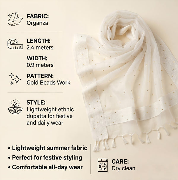 White Organza Dupatta with Golden Beads Work & Tassel Border