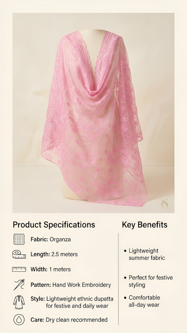Pink Organza Embroidered Dupatta for Women with Paisley & Floral