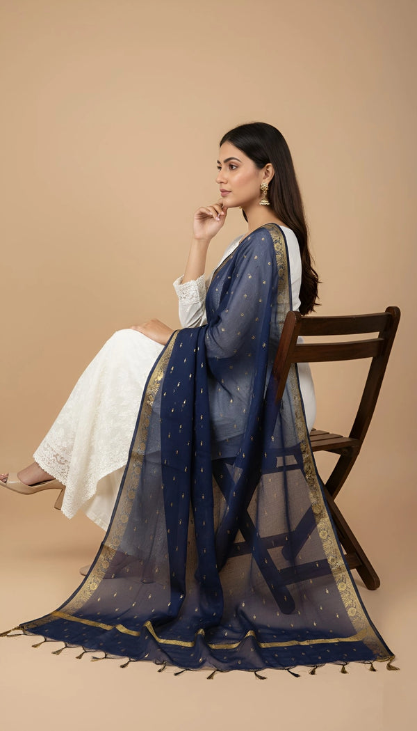 Blue Lightweight Cotton Silk Dotted Dupatta | Elegant Everyday Ethnic Drape